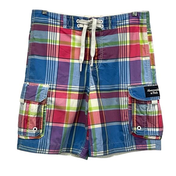 Abercrombie Fitch Cargo Tugger Board Shorts Men's M Multicolor Plaid Swim Trunk - Picture 1 of 8